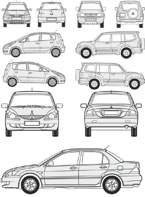 Автомобили Mitsubishi - векторные отрисовки в масштабе