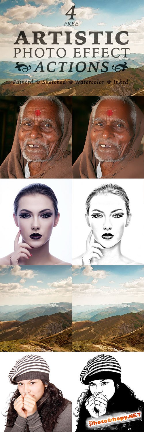 4 Artistic Paint, Sketch & Ink Photo Effect Actions