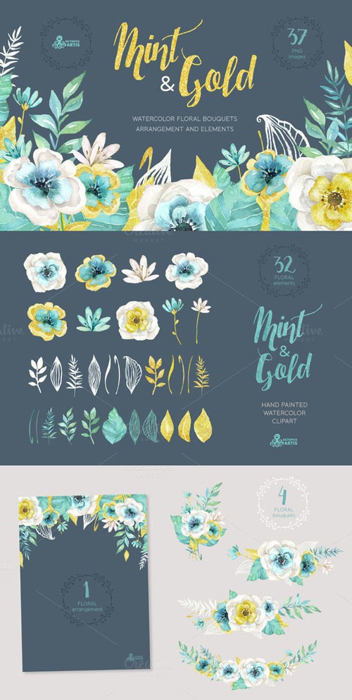 Mint & Gold Flowers - Creativemarket 254449