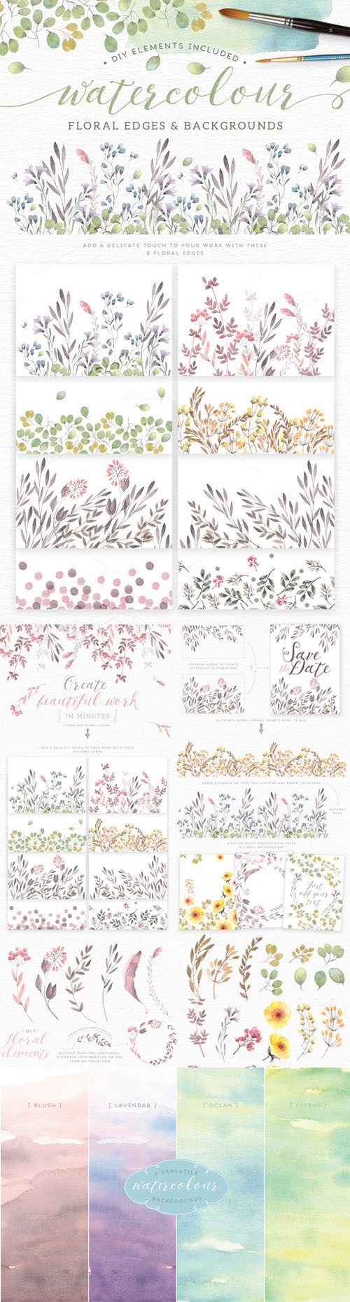 Creativemarket - Watercolor floral edges+backgrounds 244367