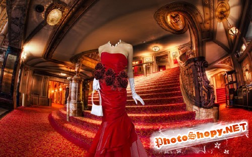 Шаблон женский - На лестнице в театре в красном платье