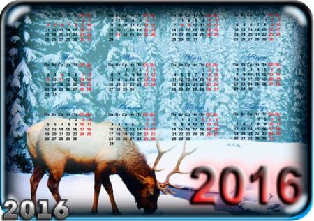 Настенный календарь - Лес, зима, олень, природа (PNG, PSD)