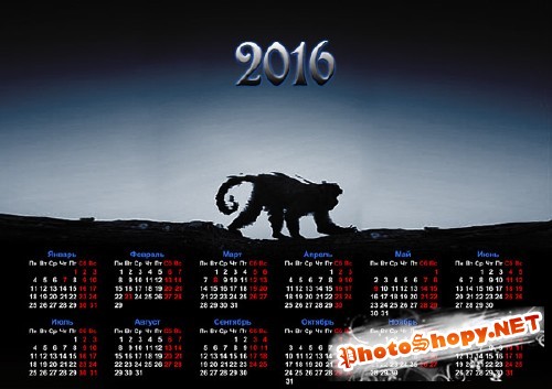 Календарь на 2016 год - Обезьяна в бело-черном стиле