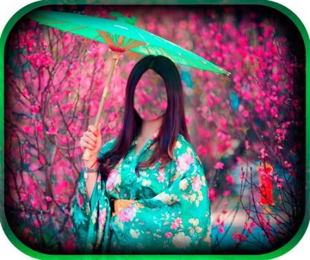 Фотошаблон - Азиатская девушка в кимано с зонтиком
