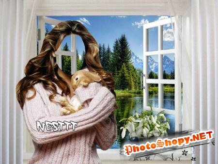 Шаблон для Photoshop - Девушка с кроликом у окна