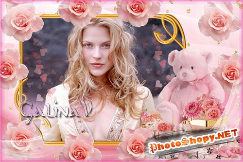 Рамка для поздравлений - Плюшевый мишка в розовых розах