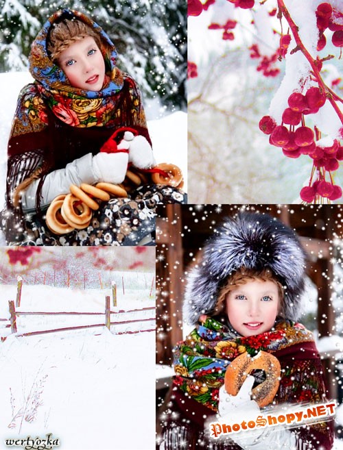 Зимний детский шаблон для фотошоп - Маленькая красавица и снегири