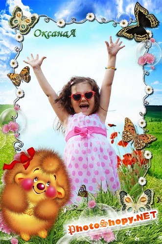 Детская рамочка для фото – Ёжик, цветы и бабочки 