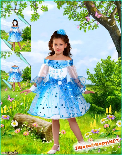 Многослойный детский psd шаблон - Девочка в голубом платье на цветочной полянке