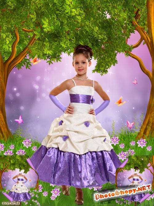 Многослойный детский psd шаблон - Девочка в нарядном платье среди чудесных цветов и бабочек