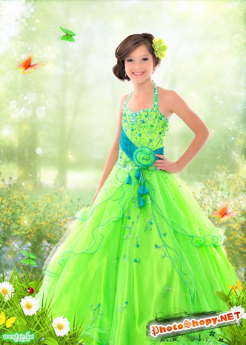 Многослойный детский psd шаблон - Девочка в ярко зеленом платье среди ромашек и бабочек