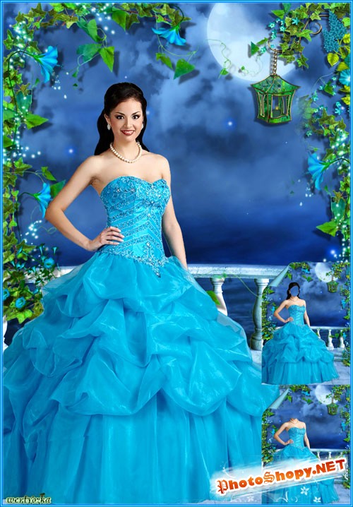Многослойный женский psd шаблон - Девушка в ярко-синем платье на фоне волшебной ночи