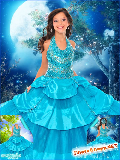 Многослойный детский psd шаблон - Девочка в нарядном платье цвета аквамарина