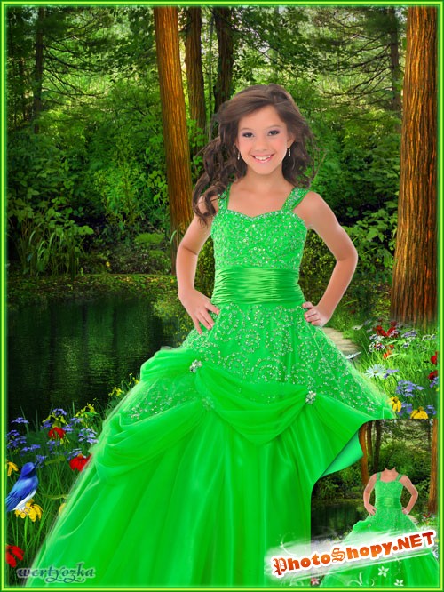 Многослойный детский psd шаблон - Девочка в ярко-зеленом платье словно лесная принцесса
