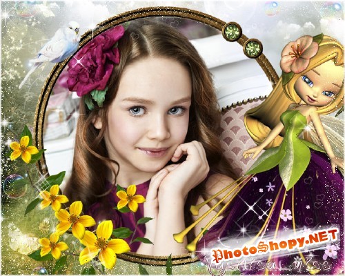 Красивая детская рамочка для фотошопа на фоне сказочного пейзажа с красивой феей