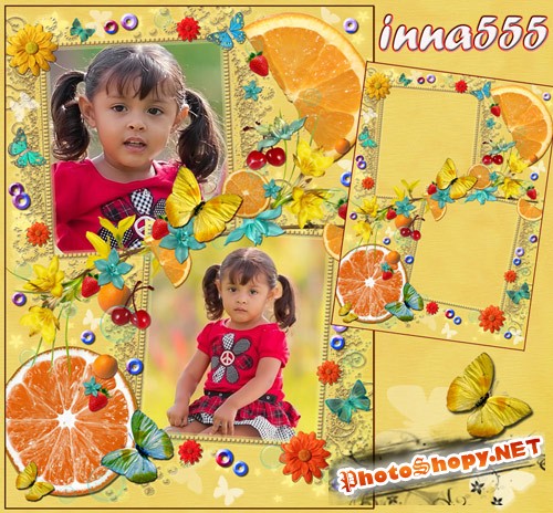 Детская рамка на 2 фото, украшенная цветочками, бабочками, апельсинами, клубникой, вишней