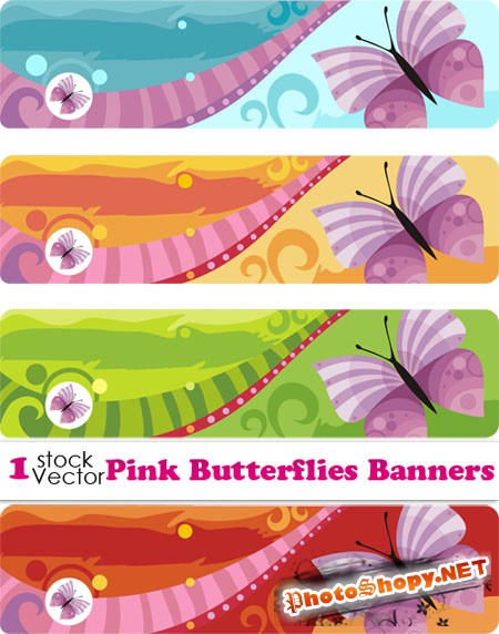 Pink Butterflies Banners Vector