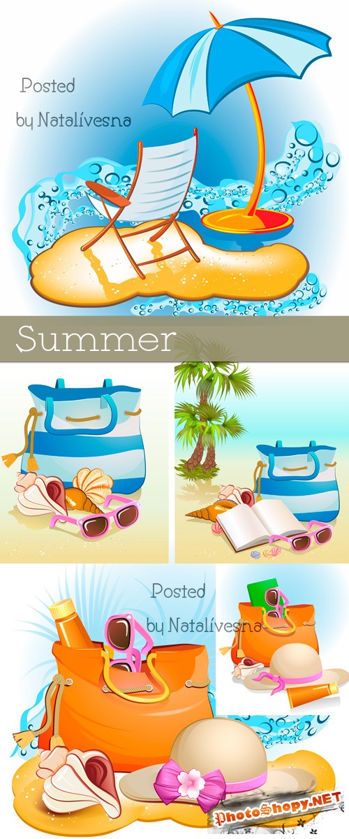 Лето, пляжная сумка, очки на песке в Векторе / Vector - Summer, beach bag, points