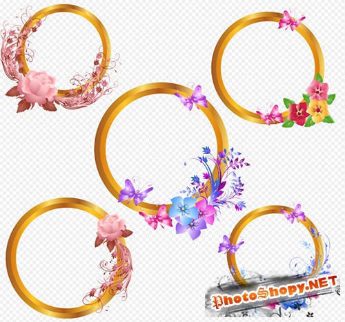 Рамки вырезы PSD для творческих работ с цветами и бабочками на прозрачном фоне