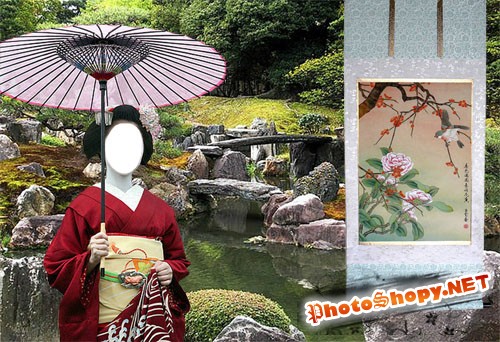 Шаблон Гейша в красном кимоно в саду камней