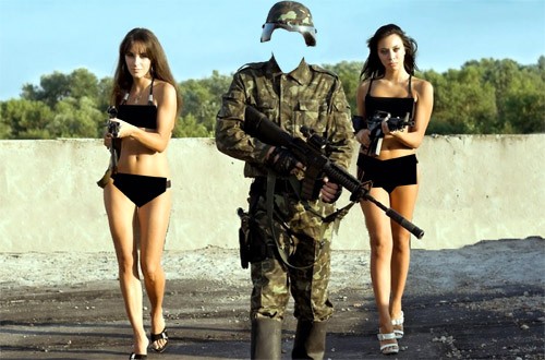 Шаблон для фото - Солдат в форме и с двумя девушками