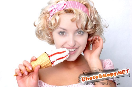 Шаблон для фотошоп - Кучерявая милашка с вкусной мороженкой