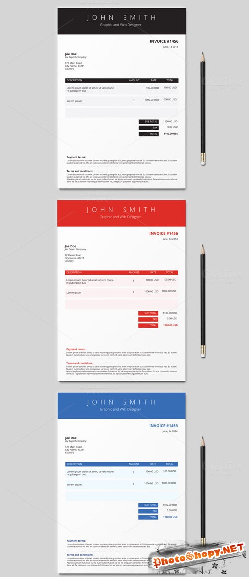 Invoice Template (3 colours) - CreativeMarket 50675