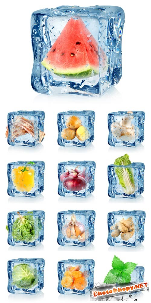 Продукты в кубике из льда - растровый клипарт