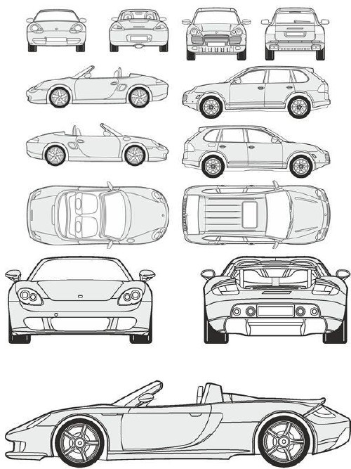 Автомобили Porsche - векторные отрисовки в масштабе