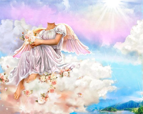 Шаблон для фотомонтажа - Ангел на небе с цветами