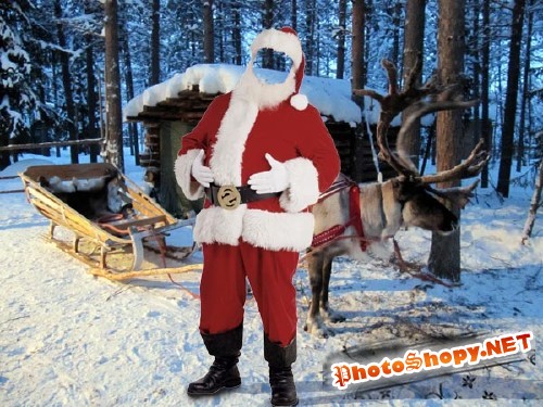 Шаблон для фотошопа - Дедушка Мороз возле саней