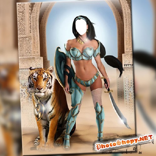 Женский фотошаблон - Восточная красавица с тигром