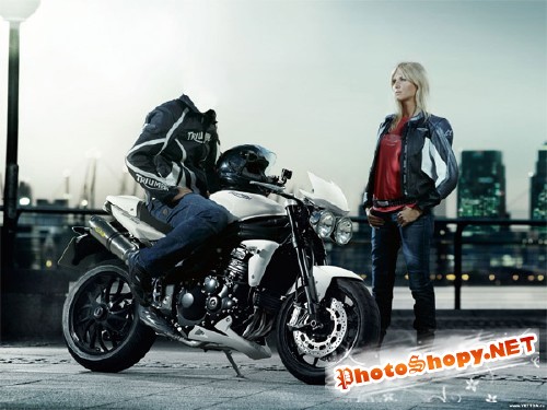 Мужской фотошаблон - Байкер на мотоцикле с девушкой