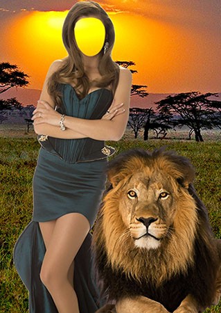 Фотошаблон для девушки - С львом в саванне