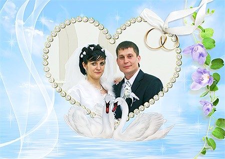 Рамка для свадебной фотографии - Обручальные кольца и лебеди
