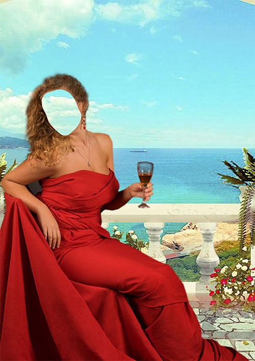Шаблон psd девушки в красном платье с бокалом вина на фоне моря