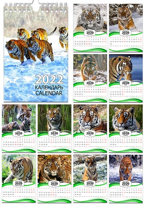 Настенный календарь на пружине на 2022 год - Тигры