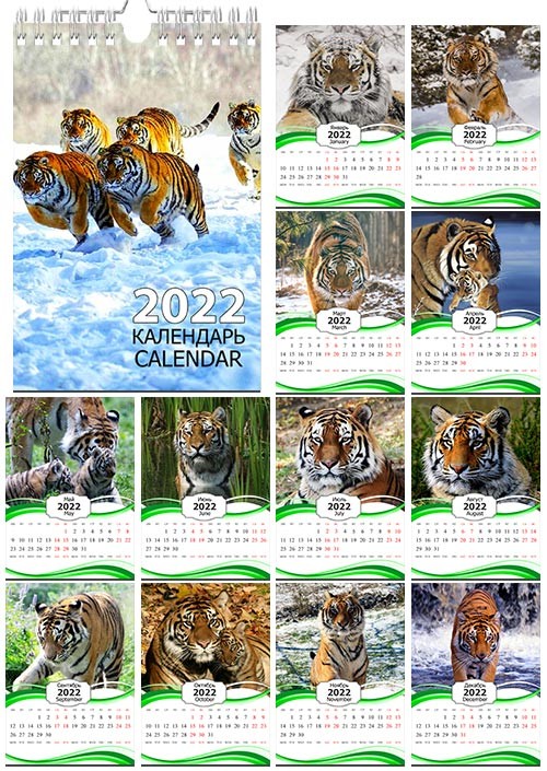 Настенный календарь psd на 2022 год - Тигры